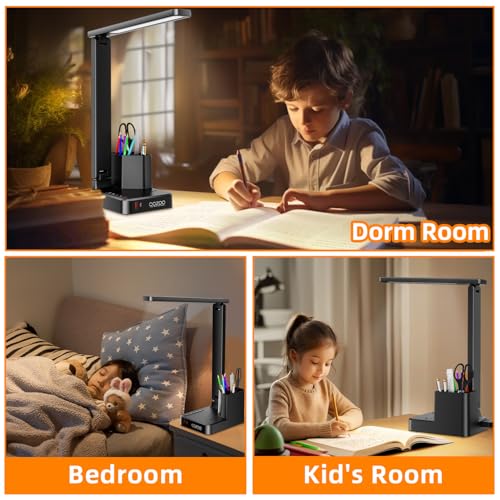 Desk Lamp,Desk Lamps for Home Office,COZOO LED Desk Lamp with 2 USB Charging Ports,2 Pen Holders,1 Outlet,3 Color 3 Brightness Levels,Touch/Memory/Timer,LED Desk Light Small Desk Lamp Kids Study Lamp