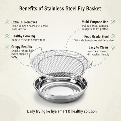 Image of Stainless Steel Oil Filter Tray with Mesh Basket for Frying Pakoda Fries Chicken Fish Oil Strainer Removes Excess Oil for Crispy Non Greasy Food Healthy Cooking Kitchen Essential for Home