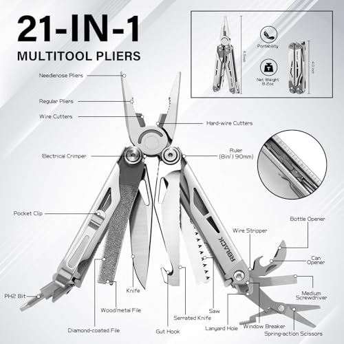 Image of EDC Multitool, 21-in-1 Multi Tool Pliers with Safety Locking | Heavy-duty Stainless Steel, Seat Belt Cutter-Men's Gift Set with Nylon Sheath for DIY, Home, Garden & Outdoors, Satin Finish