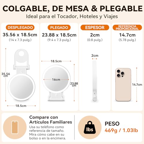 Miniatura 8 de Auxmir Espejo Maquillaje Con Luz, 30x 1x Aumento De Doble Cara, Espejo 72 Leds 3 Colores De Luz, 2000 Mah Con Usb Pinza, Colgar Pared Brillo Regulable Para Bolso Viajes, Blanco