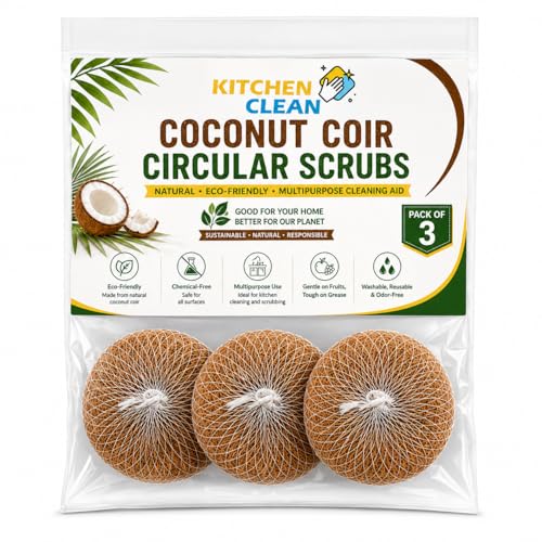 Image of Kitchen Clean 3 Pcs Soft Circular Coconut Coir Scrub for Multipurpose Use | Chemical-Free Nariyal Juna | Eco-Friendly Natural Kitchen Scrubber (Pack of 3)