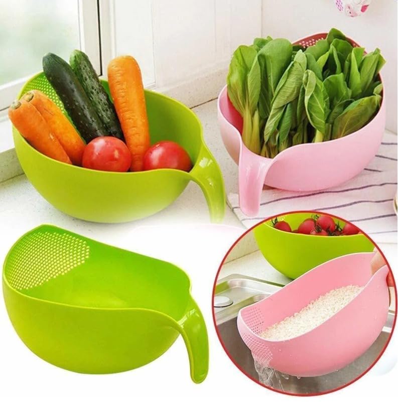 Image of Plastic Rice Washing Bowl Strainer Basket with Handle, Green