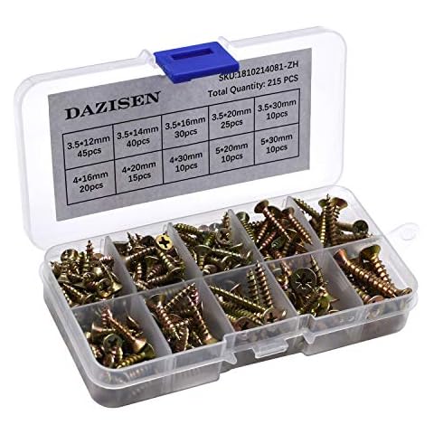 DAZISEN Assorted Chipboard Screw Kit - Countersunk Head Zinc Plated Tapping Screw Wood Screws Selection M3.5 M4 M5, Style F (215pcs) Cover