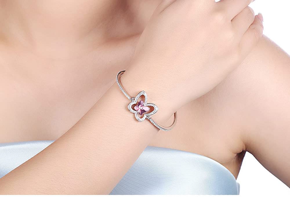 DAOMEI Cristal Real 925 Pulsera De Plata Mariposa Rosa Azul Pulseras Joyería Romántica para Mujeres Niñas Festival Aniversario Regalo
