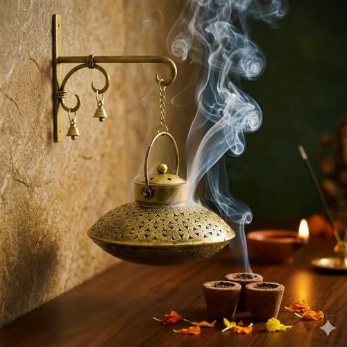 Image of Iron Antique Brass - Incense Dhoop Burner Handmade Hanging Decor for Pooja Room, Home Wall Decor Degchi with Havan Samgri Cup 3 pcs - Oval - Set of 1 - Gold