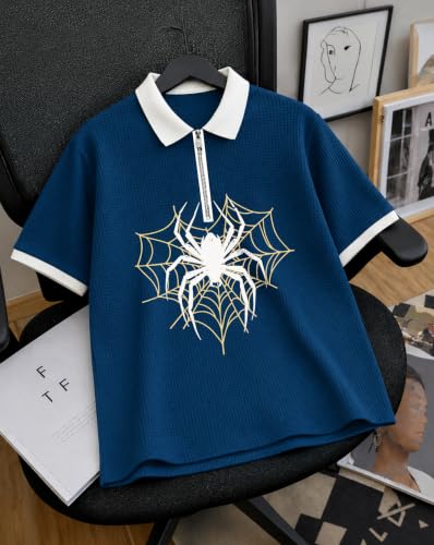 Image of AUSK Men's Spider Graphic Printed Polo T-Shirt | Cotton Blend Textured Regular Fit Half Sleeve Zip Polo Neck Casual T-Shirt for Men