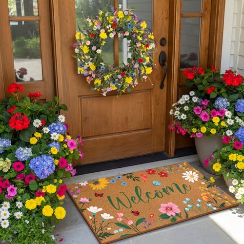 Tingjoo 2 Pcs Summer Floral Door Mat and Wreaths for Front Door Outdoor Wildflower Welcome Coir Doormats Flower Wreaths and Rugs Set Summer Decorations for Front Porch Entryway Outside Decor by Tingjoo - Used condition - Image 2