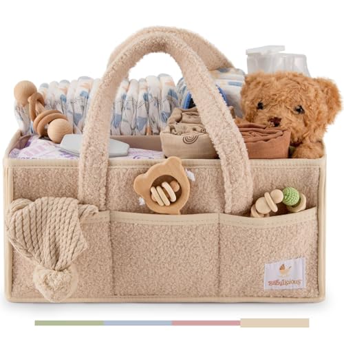 Image of Babylicious Baby Diaper Caddy Organizer | Changing Table Organizer for Wipes and Diapers | Teddy Diaper Organizer for Changing Table | Newborn Essentials Must Haves for Parents - Warm Sand
