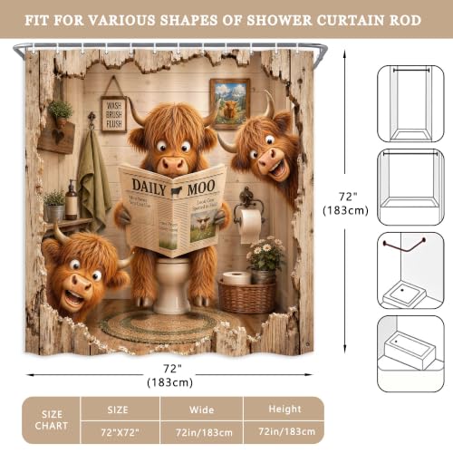 Image of Funny Shower Curtain Highland Cow Shower Curtain with 12Hooks, 60 x 72 Inch
