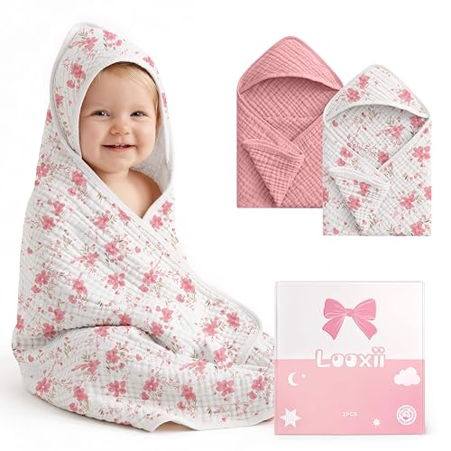 Image of Looxii Baby Bath Towels 2 Pack Muslin Hooded Baby Towels for Newborn and Infants, 100% Cotton, Large 32x32Inch, Soft and Absorbent Pink+Flowers