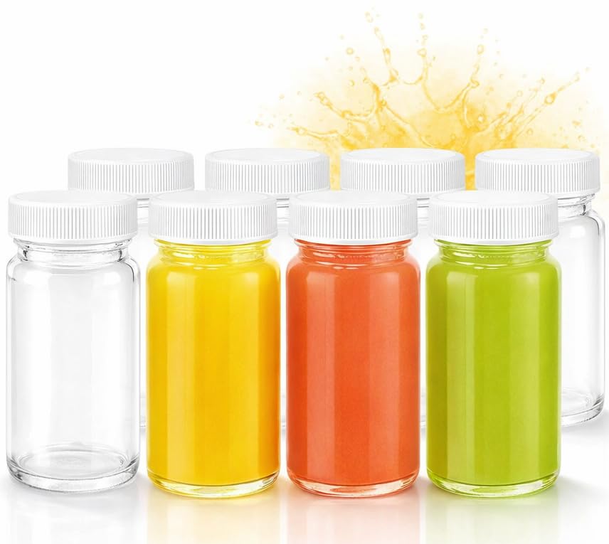 Juice Shot Bottles with Caps - Wide Mouth for Juicing, Beverage Storage, Liquids, 2 oz, Clear Small Glass Bottles with White Caps, Reusable Ginger Shots Bottles, Leak Proof, Jars (8 pack)