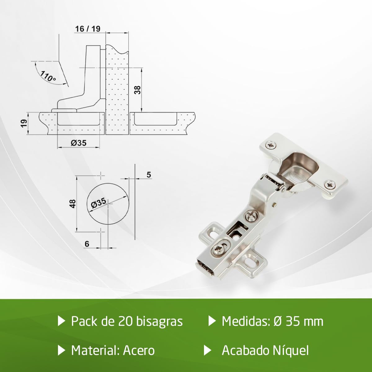 Amig - Pack de 20 Bisagras de Cazoleta Superacodada - Ø35 mm - Acero Niquelado - Pestillo de Apertura Rápida - Instalación Oculta para Muebles - Tacos y Tirafondos Premontados