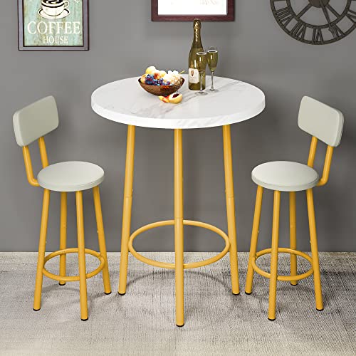 Awqm 3-Piece Round Bar Table Set For 2, Faux Marbled Tabletop And Upholstered Chairs Wit Back, Small Dining Table For Kitchen Breakfast Nook Living Room Dinette (White & Gold) #TOP20
