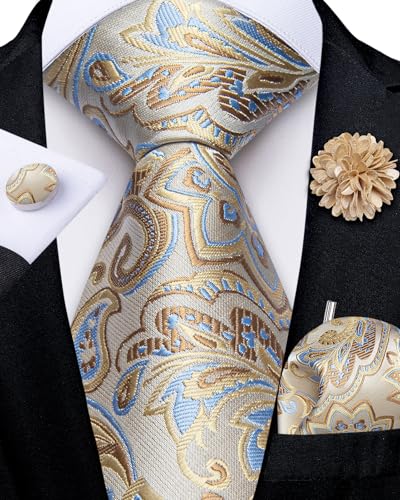 Image of DiBanGu Mens Zipper Tie Silk Pre-Tied Necktie with Gift Box | Jacquard Woven,Paisley Solid Plaid Pattern,6PCS with Pocket Square,Cufflinks and Lapel Pin,for Wedding Party Formal Business