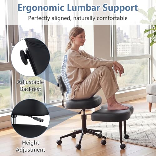 Image of DUMOS Ergonomic ADHD Cross Legged Office Desk Chair with Adjustable Backrest, Height Adjustable Meditation Chair with 360 Swivel Footstool, PU Leather Yoga Stool for Home Office, PU Black