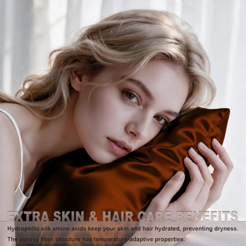 Image of LYSHIN Silk Pillow Cases 2 Pack Queen Size with Zipper, Orange | 19 Momme Mulberry Silk Pillowcase for Skin and Hair, Anti-Acne, Hypoallergenic, Cooling, Beauty Sleep, Gifts for Women