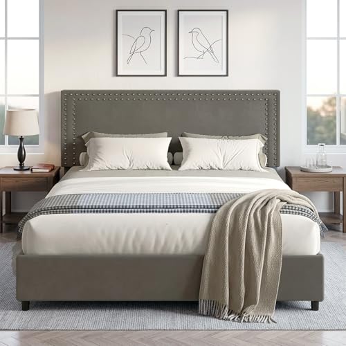 Image of VECELO Queen Size Upholstered Bed Frame with 4 Storage Drawers, Adjustable Velvet Rivet Decor Headboard, Wooden Slats Platform Support, No Box Spring Needed, Easy Assembly,Dark Grey