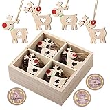 KOHMUI Holz Weihnachtsdeko Anhänger, Weihnachtsdekoration Hirsch Dekofigur mit Rote Nase Rentier Baumschmuck zum Hängen, 24 Weihnachtssnhänger mit 18 Frohe Weihnachten Aufkleber, MEHRWEG Verpackung