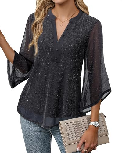 VALOLIA Women Blouses 3/4 Length Sleeve Mesh Shirts Dressy Casual V Neck Double Layers Flowy Tops3