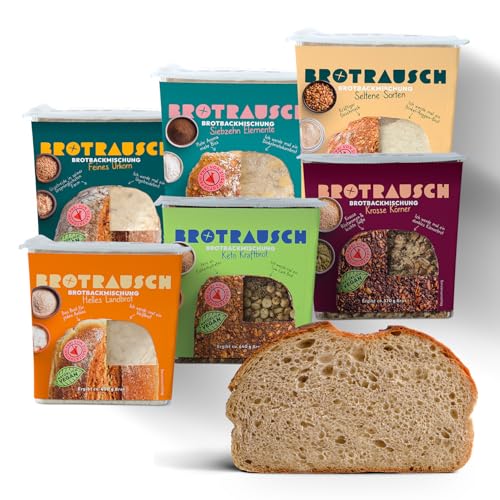Brotrausch Brotbackmischung Probierpaket (6 x 400g) inkl. Brotbackform Teigzugaben & Toppings - natürlich & vegan - mit Vollkorn und Dinkel - Ballaststoff- und Proteinreich