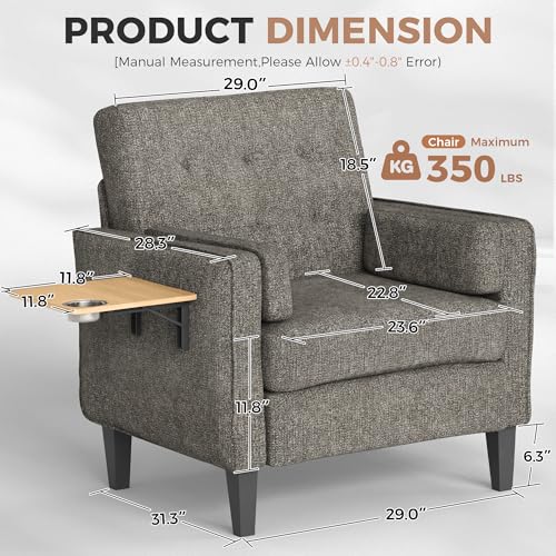 Image of Chenille Accent Chair, Mid Century Modern Arm Chair with Foldable Wooden Side Table & Cup Holder - Comfy Reading Chair for Bedroom,Living Room Chairs,Single Sofa Chair, Dark Grey