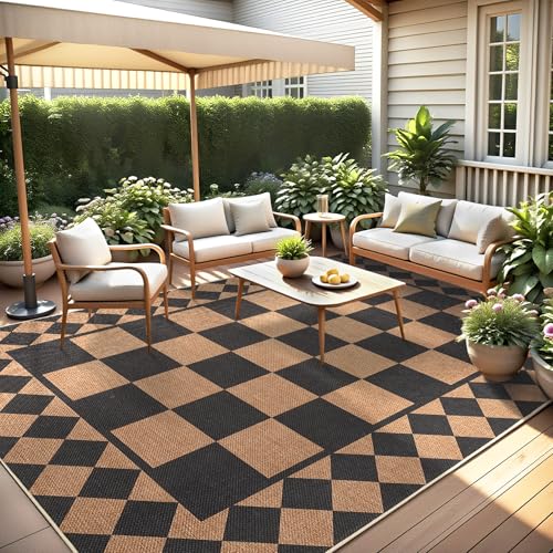 GarveeHome Easy Jute Rug 8x10 Washable Rugs for Living Room Bedroom Checkered Outdoor Rug for Patio Non-Slip No Shed Jute Rugs Geometric Carpet for Fa
