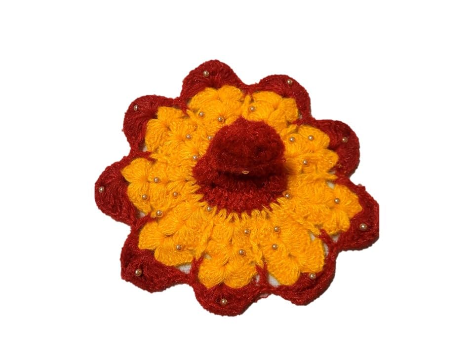 Image of TRIASH Laddu Gopal Handmade Woolen Dress with Cap (10 * 10 Inch for 5 no. Kanha ji) (Red and Yellow)