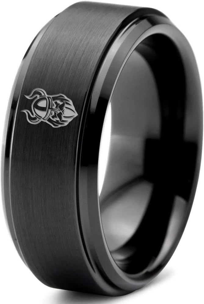 Old Norse Viking Ring - Tungsten Band 8mm - Men - Women - 18k Rose Gold Step Bevel Edge - Yellow - Grey - Blue - Black - Brushed - Polished - Wedding - Gift Dome Flat