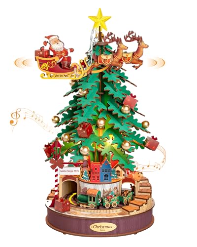 Rolife Puzzle 3D in Legno per Adulti da Costruire Carillon Albero di Natale con Treno Rotante Kit di Modelli in Legno con Musica e Luce LED Regali Creativi per Natale