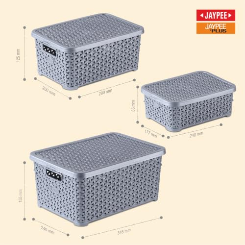 Image of Jaypee Plus Keep all 3 Plastic Storage Basket Organizers With Lid For Kitchen,Fridge, Office Wardrobe, Stationery, Household, Toys & Multipurpose use Pack of 3 Durable Box, Silver