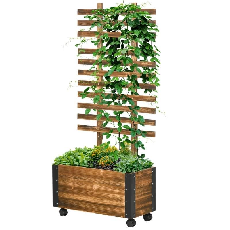 Generic Farmhouse Rustic Wooden Raised Garden Bed Planter with Trellis on Wheels