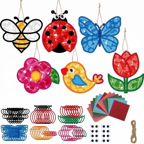 Feifeiya 24 Sets Spring Crafts Kit DIY Flower Paper Crafts with Colored Tissue Paper Stickers Floral Bee Insect Butterfly Ornaments Suncatcher for Window Classroom Activity Project Party Gifts Home