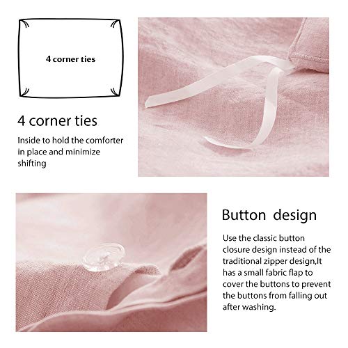 Simple&Opulence 100% Washed Linen Duvet Cover With 2 Pillowshams,Full Size (78"X 86"),Farmhouse Comforter Set With Hidden Button Closure-Flax Girls College Dorm Bedding-Blush Rose Pink #TOP2
