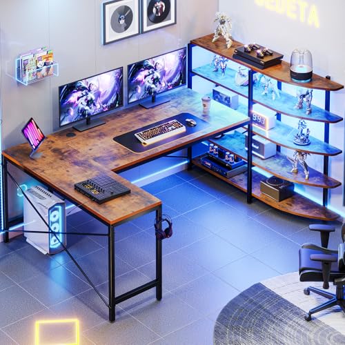 SEDETA L Shaped Desk with Storage Shelves, 63” Reversible U Shaped Office Desk, Gaming Desk with Power Outlet and LED Lights for Home Office, Rustic Brown