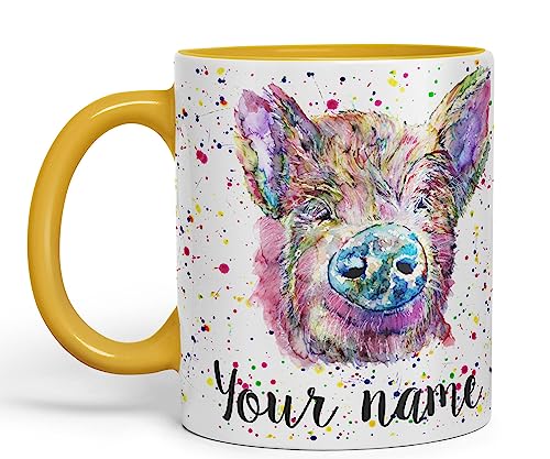 Image of Vixar Personalised with Your Text Pig hog Pork Farm Animal Watercolour Art Coloured Ceramic Mug Cup Gift 330ml 11oz Custom Work Office Tea Coffee (O2) (G Yellow)