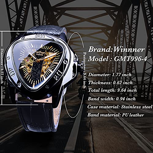 Image of Winner Fashion Mechanical Wrist Watch Triangle Racing Dial, Waterproof Golden Skeleton Dial Automatic Movement Leather Design Mechanical Watch for Men