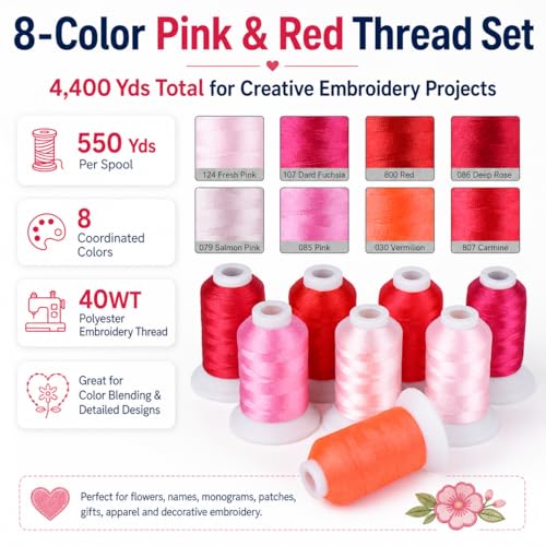 Image of Simthread 8 Shades 550Yds Each 40WT Polyester Embroidery Thread Red Set | 8-shade red set with 550Yds each offers smooth 40WT polyester thread for home and commercial embroidery machines.