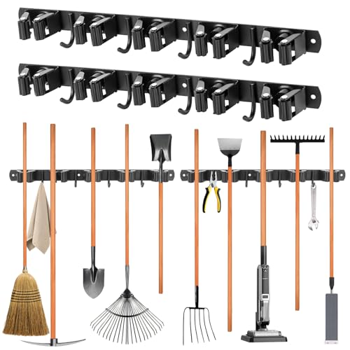 JABNOW 2 PCS Accroche Balai Mural Multifonction, 5 Supports + 4 Crochets, Porte Balais Mural Acier Inoxydable Avec ou Sans Perçage pour Salle de Bain, Garage,...