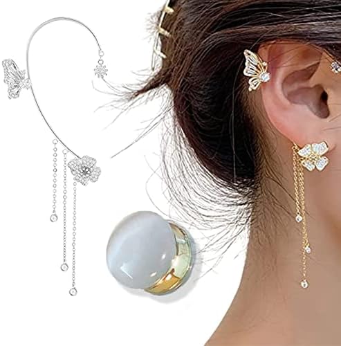 1pc Butterfly Tassel Style Zircon Earrings with 1pc Lymphvity Magnetherapy Moonstone Earrings, Lymphatic Drainage Non Piercing Double-Sided Earrings (Left, Silver butterfly earrings)