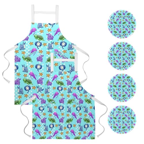 Lot de 2 tabliers de cuisine bleu motif méduse et tortue avec 4 broches