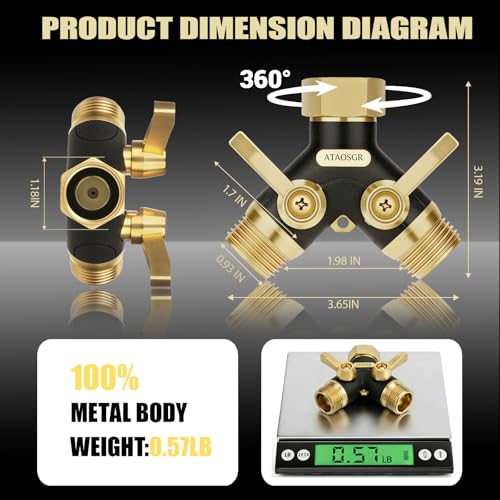 Image of Garden Hose Splitter 2 Way Heavy Duty, Metal Body Water Hose Splitter | with Shut-Off Valve,360 Brass Swivel,3 /4'' GHT Connector Full Flow Hose Bib Splitter, For Outdoor Spigot Faucet