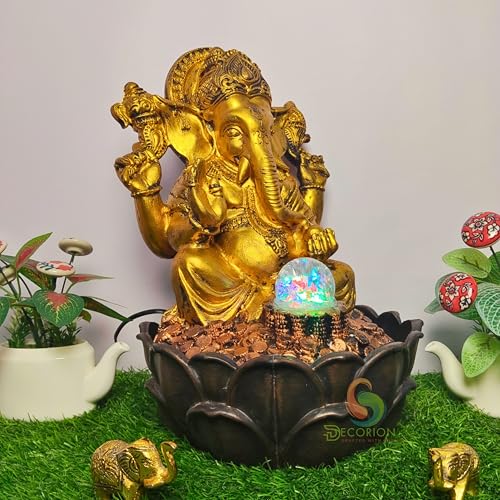 Image of Golden Ganesha Decorative Table Top Water Fountain for Home Decor /Office /Indoor & Outdoor /Garden /Puja Room /Vaastu with Multicolor LED Light & Adjustable Water Pump (Big Golden Ganesha D-027)