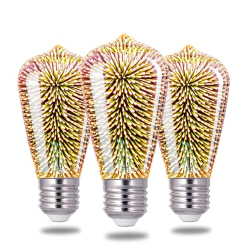 Porseme 3D Fireworks Decorative Light Bulb, E26 Base, 4W, AC100-240V, Glass Bulbs with Soft Warm Light, Shiny Decor for Home, Bedroom, Party (Included 3-Pack ST19 Bulbs)