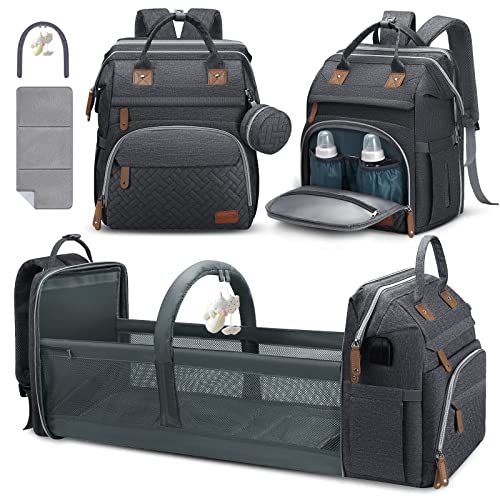 Image of Baby Diaper Bag Backpack, Diaper Changing Station, Portable Changing Station Backpack for Boys Girls,Waterproof Changing Pad,USB Charging Port,Pacifier Case, Sunshade and Toy Bar,DK Grey