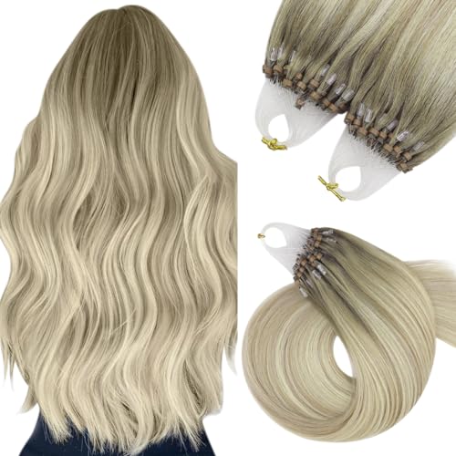 YoungSee Micro Rings Hair Extensions 24 inch Blonde Micro Beads Hair Extensions Balayage Ash Blonde Ombre Platinum Blonde Microloop Hair Extensions for Women Long Straight 50g Cold Fusion 50g