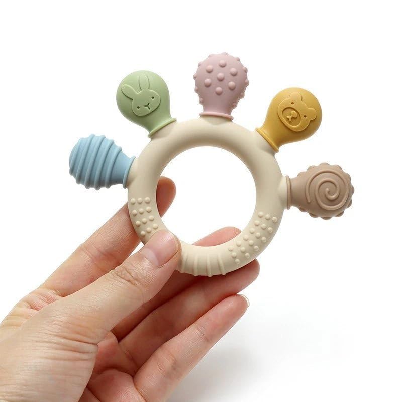 UPLEVELBUCKET Baby Teether for 3+ Months – BPA-Free Silicone & Natural Wooden Ring | Soft Teething Toy for Infants & Newborns | Safe Beech Wood Teether | Round Textured Design | Beige-image-14