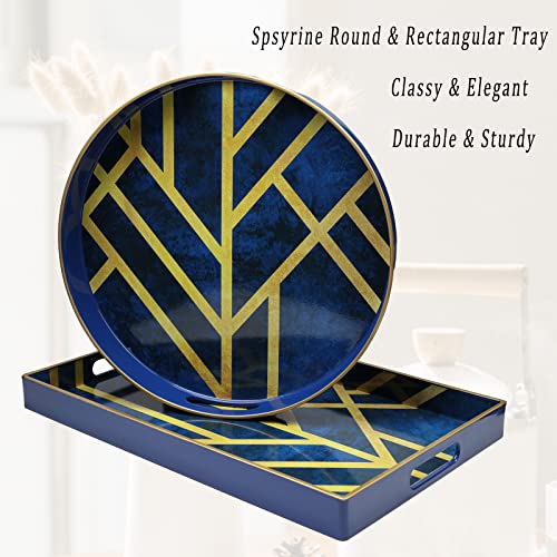 Spsyrine Round Decorative Tray, Plastic Serving Table Tray With Handles For Breakfast, Modern Ottoman Tray For Coffee Table, Bathroom, Kitchen, Living Room, Blue #TOP3