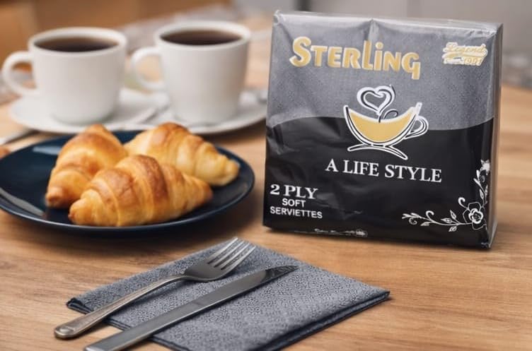 Sterling Elite 2 Ply Soft Tissue Serviettes, Black, Pack of 4, 100% Virgin Plantation Pulp, 27 cm x 30 cm, 45 Pcs 2