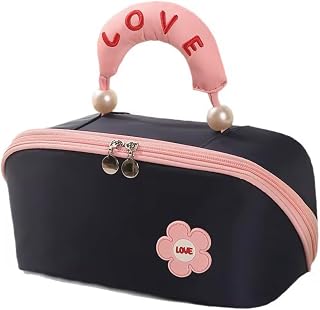 Large Makeup Bag – 12" Travel Cosmetic Organizer, Wide-Open Clamshell, Love Handle, Navy Blue
