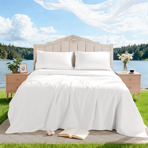 Image of 100% Egyptian Cotton Sheet Set 4 Pcs King Size Sheets 1000 Thread Count Breathable Soft Bedding Set Fitted Sheet with 16 inch Deep Pocket (King, White)